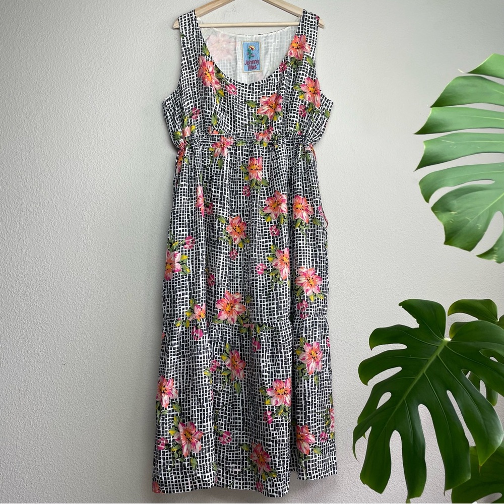 Johnny Was Silk Cinch-waist Tiered Floral Dress 1X